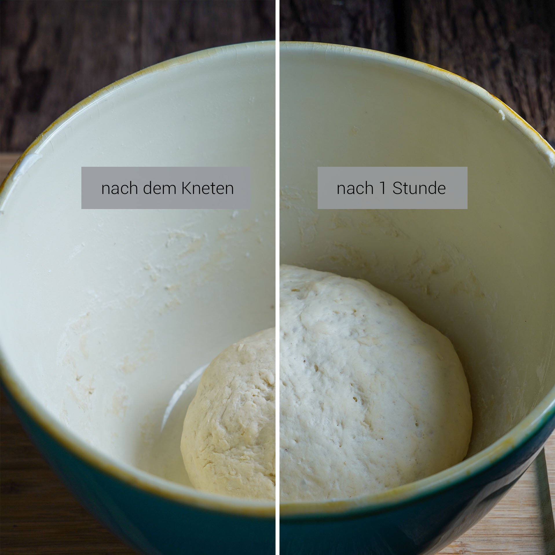 Veganes Naan 03 Schritt 2b, Naan Teig nach dem Kneten und nach einer Stunde